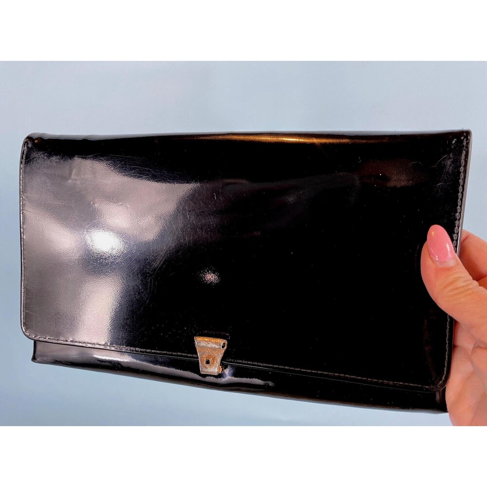 Vintage 1950’s Black Patent Leather Clutch Purse with Gold Black Rhinestone Clas